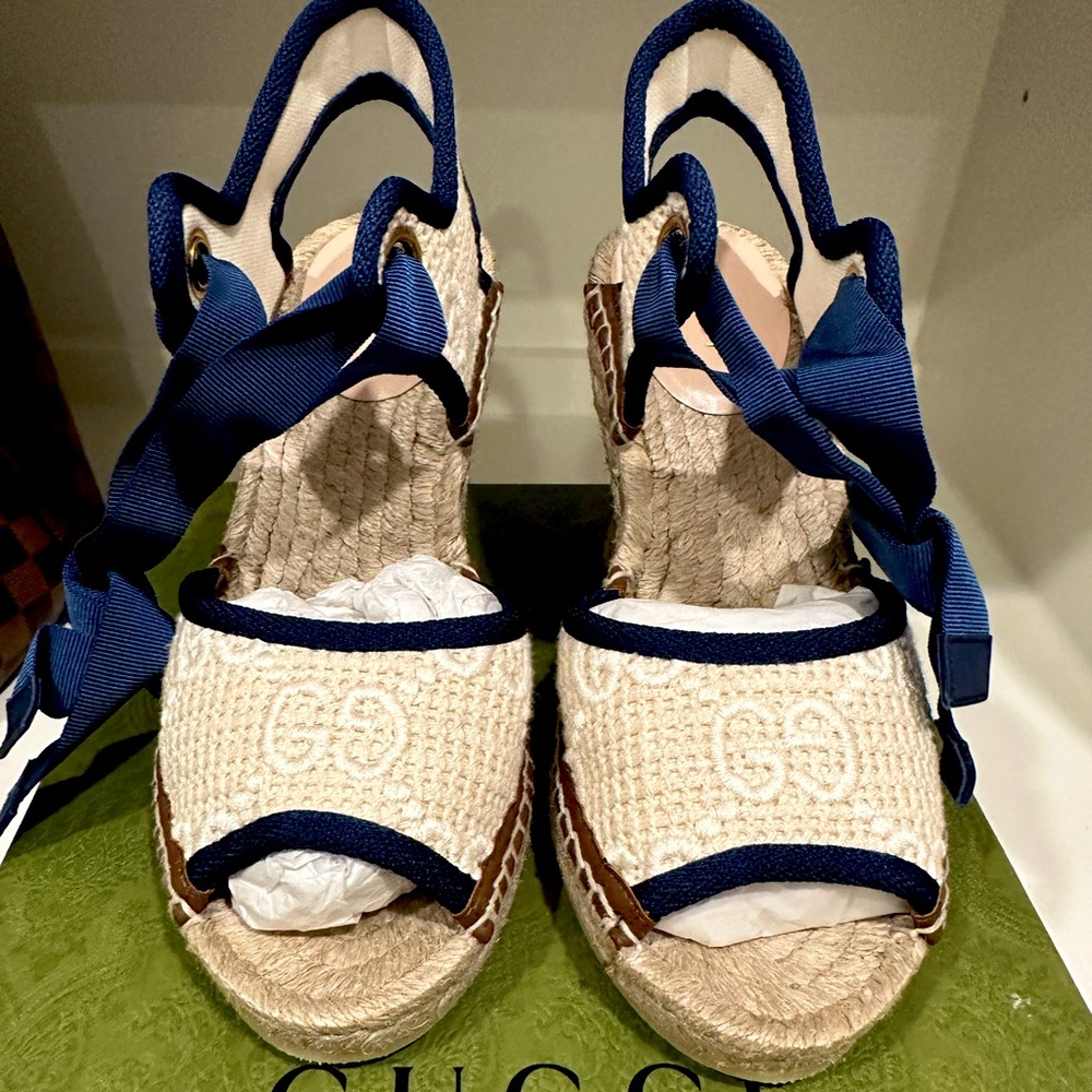 NEW! Gucci - Women's GG Espadrille Wedges. Size 35.5